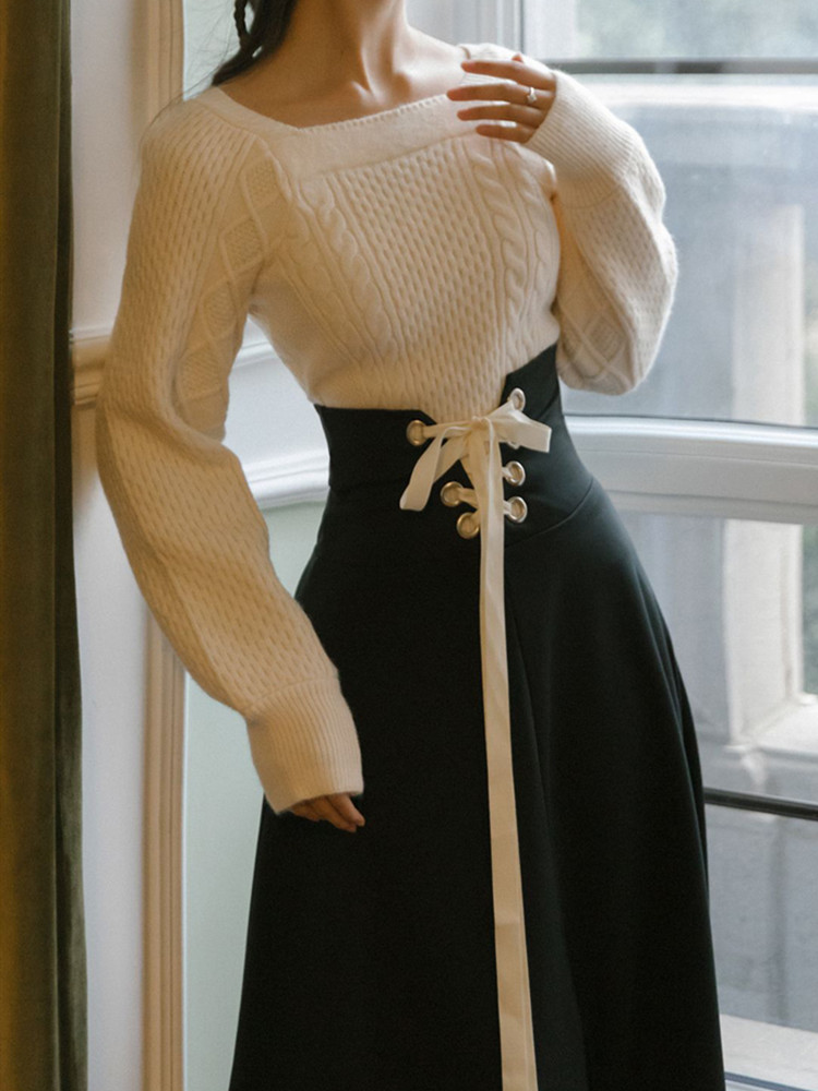Ensemble deux pièces vintage pour femme, pull blanc à manches longues, pull et jupe maxi bandage noir, tenues élégantes pour femme, hiver