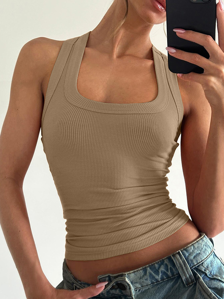 Débardeur sans manches côtelé à col carré pour femme, maillot Raceback, sport, été, ajusté, décontracté, hauts d'entraînement