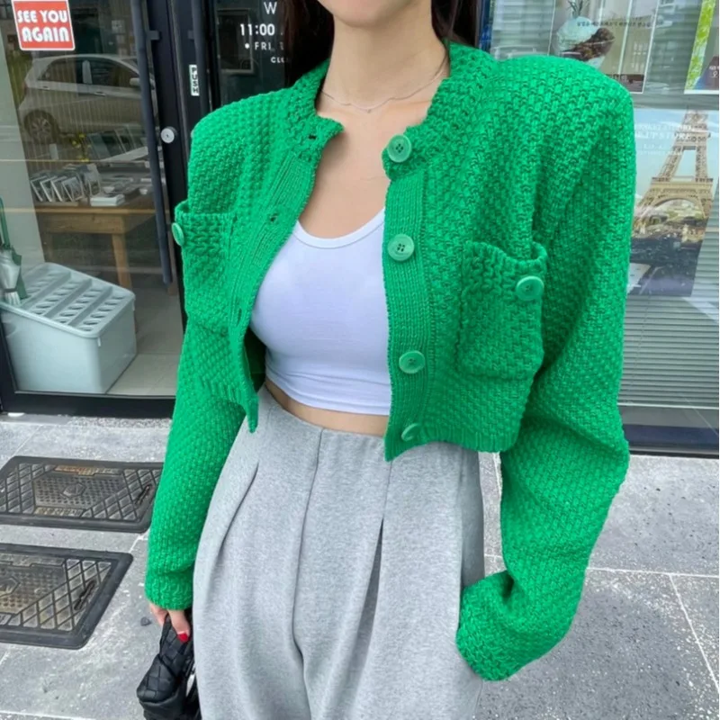 Cardigan court avec poches pour femme, mode coréenne, tricoté, col rond, manches longues, Simple, couleur unie, pull, livraison directe