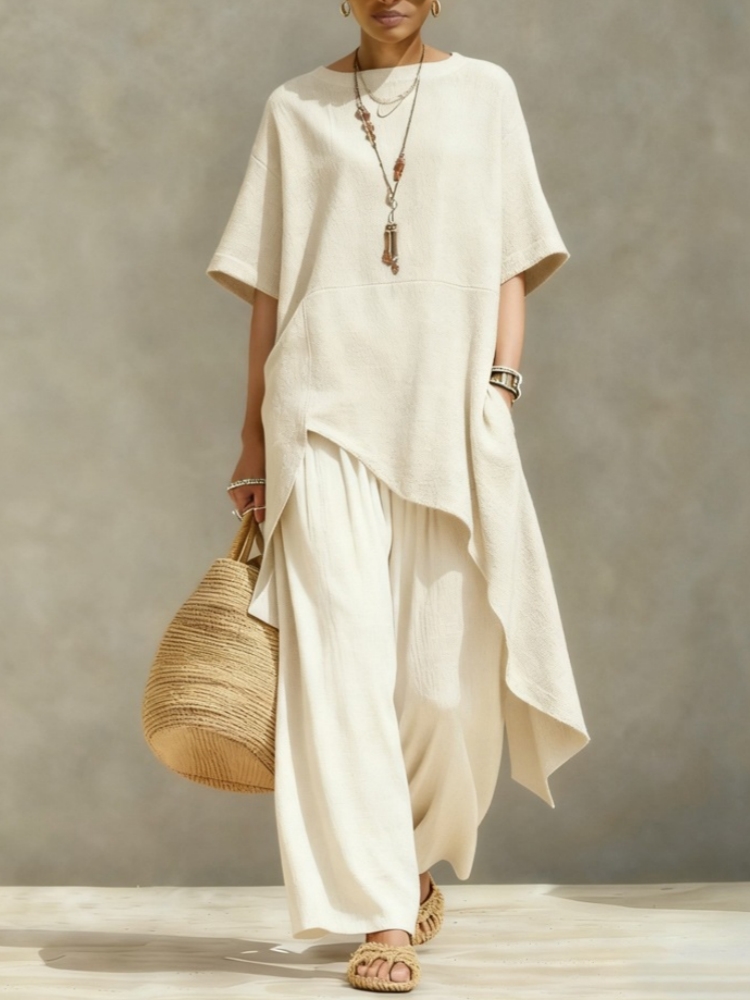 Ensembles pantalon et chemisier en coton et lin pour femme, 2 pièces, décontractés, chemisier ample à manches courtes et coupe irrégulière, pantalon large à taille élastique