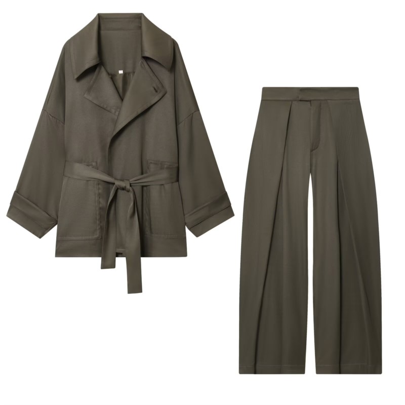 Femmes taille moyenne pantalon ensemble deux pièces décontracté fluide ceinturé veste avant pli pantalon 2 pièces ensemble femmes tenue