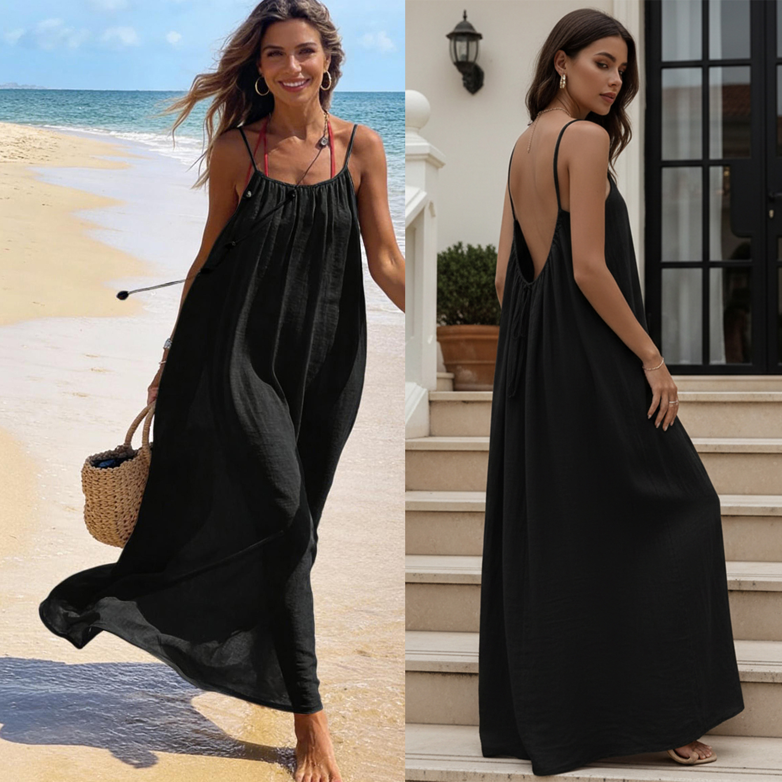 Robe décontractée sans manches à fines bretelles pour femme, couleur unie, dos nu, longue et ample, idéale pour la plage ou la détente estivale