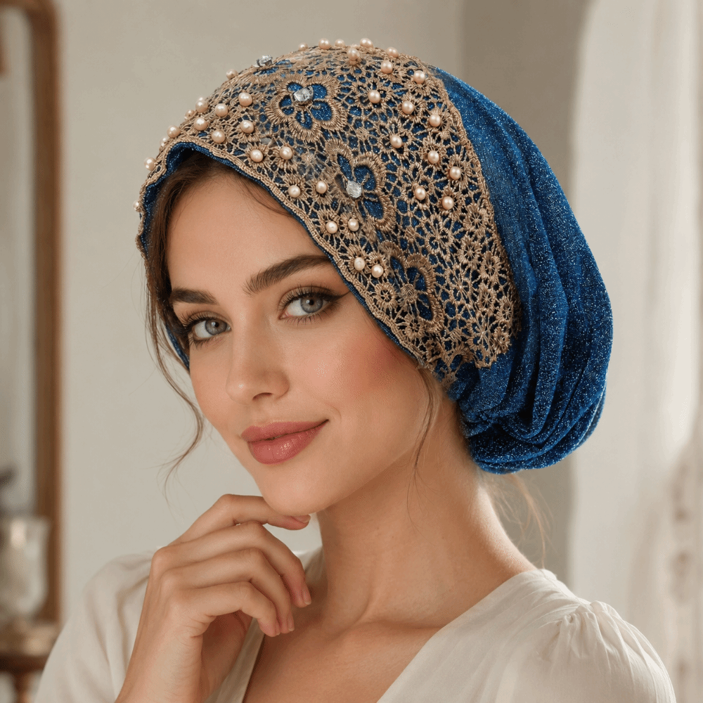 Turban élégant brodé pour femme, bonnet en dentelle à motif floral, foulard musulman, chapeau islamique pour femme
