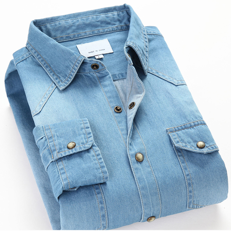 Chemise en jean à manches longues pour hommes, en coton doux, Double poches, Slim, légèrement élastique, hauts bleus, vêtements de Cowboy