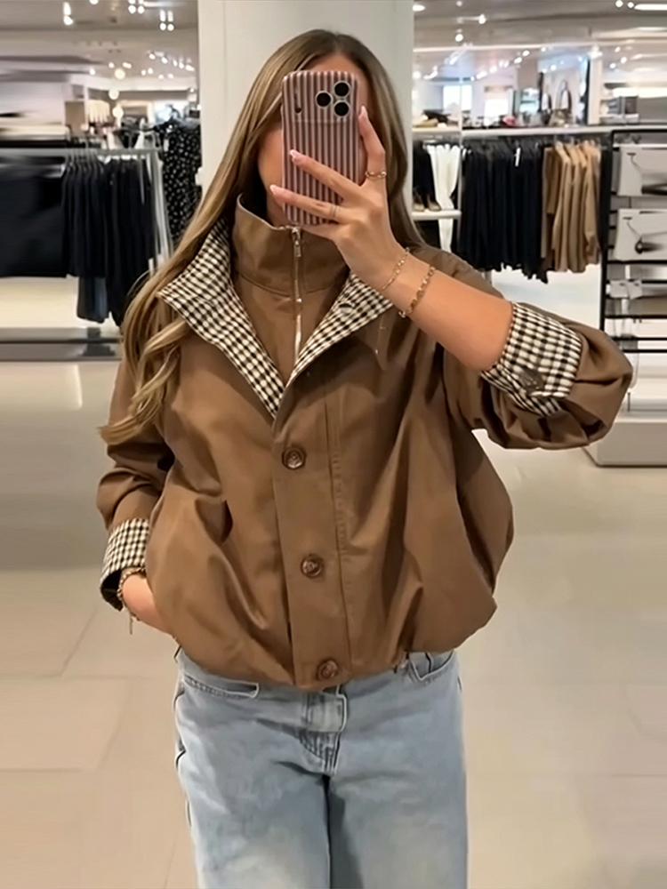 Manteau décontracté patchwork pour femme, élégant, à manches longues, col montant, plissé, vêtement d'extérieur féminin, mode automne-hiver 2026, streetwear pour femme