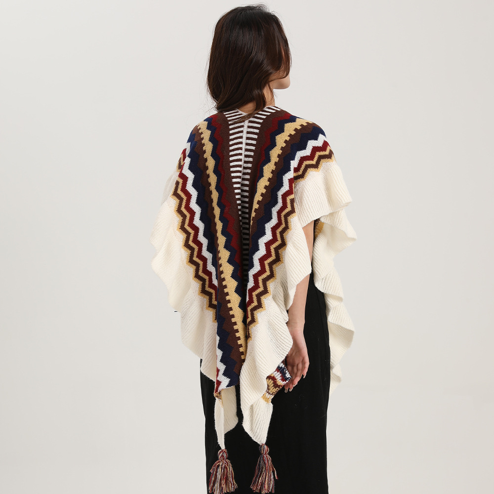 Châle bohème pour femme, Mohair avec pompon, cardigan ethnique rétro pour femme, écharpe à volants ronde rayée pour le voyage, printemps, automne, nouveau