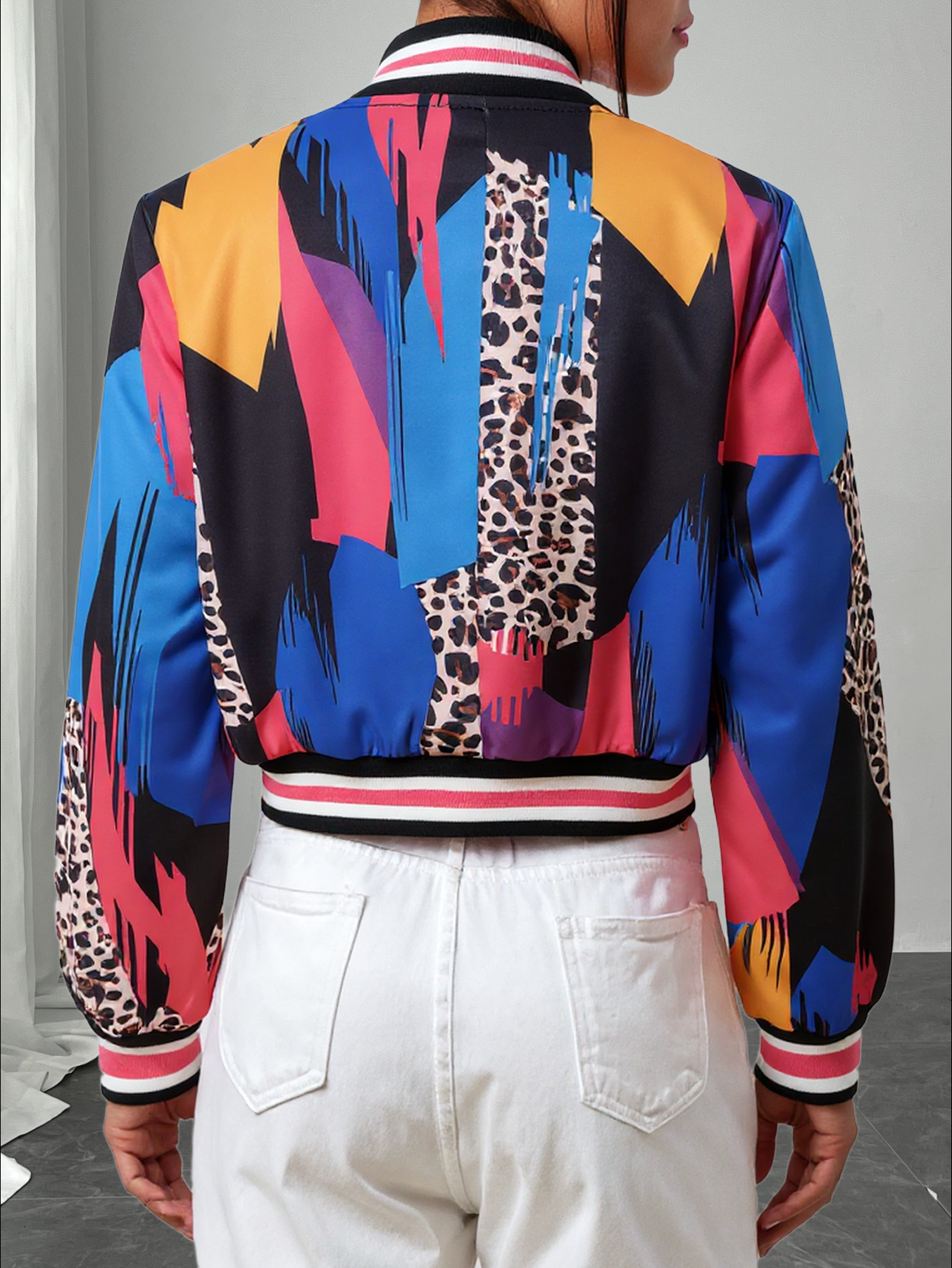 Veste courte à imprimé léopard et blocs de couleurs pour femme, col côtelé rayé, boutonnée, manches longues, style streetwear, vêtement d'extérieur court