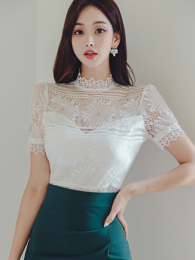 Ensemble 2 pièces en dentelle transparente pour femmes, chemisier en Y blanc, jupe mi-longue taille haute, tenue sexy, vêtements d'été, mode élégante