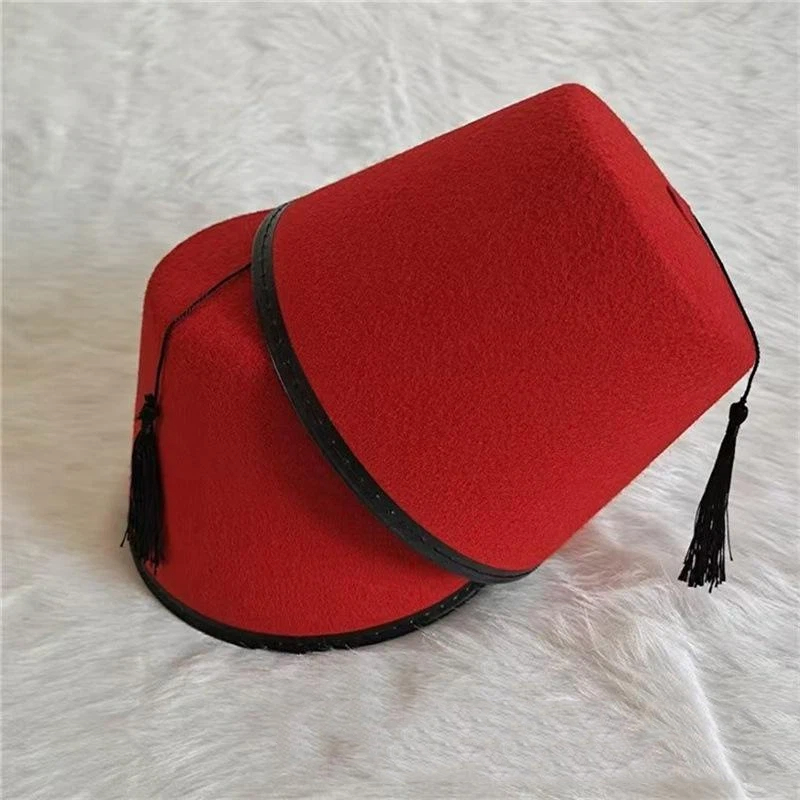 Chapeau Fez Rond en Feutre Respirant Rouge – Chapeau Marocain Cosplay avec Pompons Turcs – Fournitures de Festival