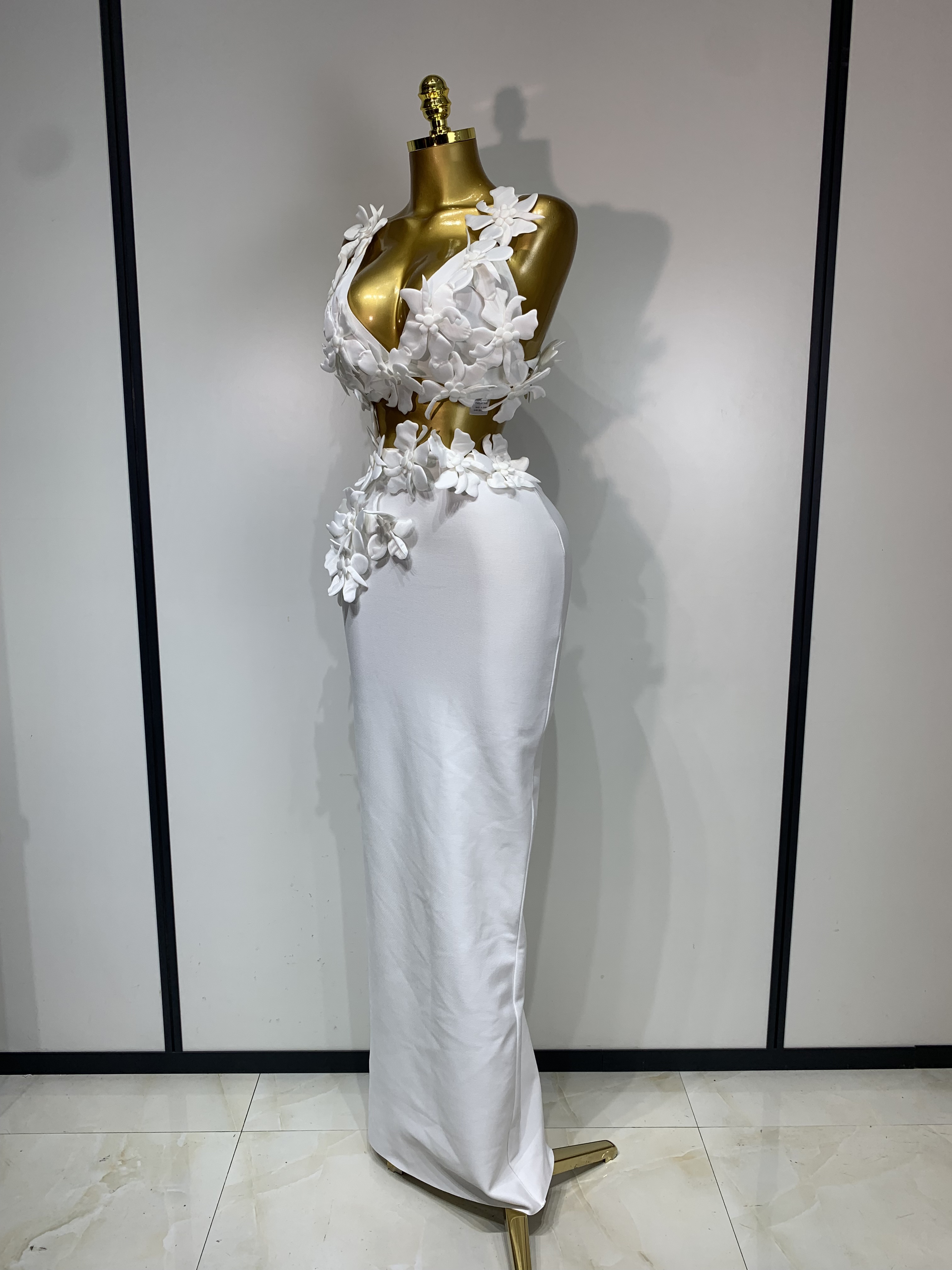 Ensemble deux pièces sexy blanc à fleurs pour femme, col en V, bandage, robe de soirée, de bal, de boîte de nuit, tenue de luxe pour anniversaire
