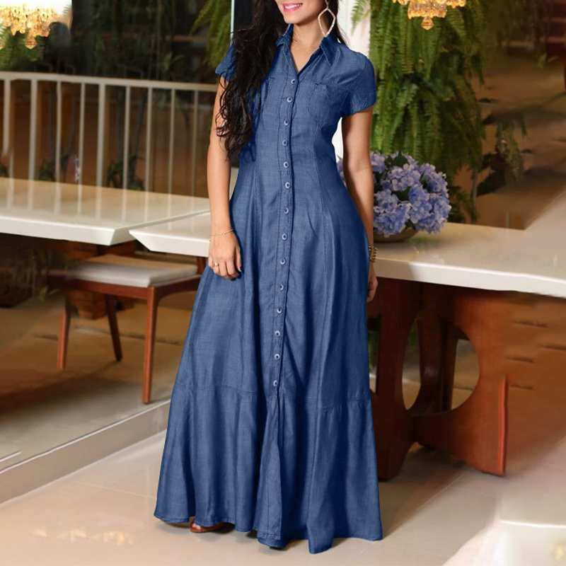 Robe trapèze en denim taille haute pour femme avec ourlet à volants, poches plaquées, robe longue élégante pour femme, tenue décontractée ou formelle