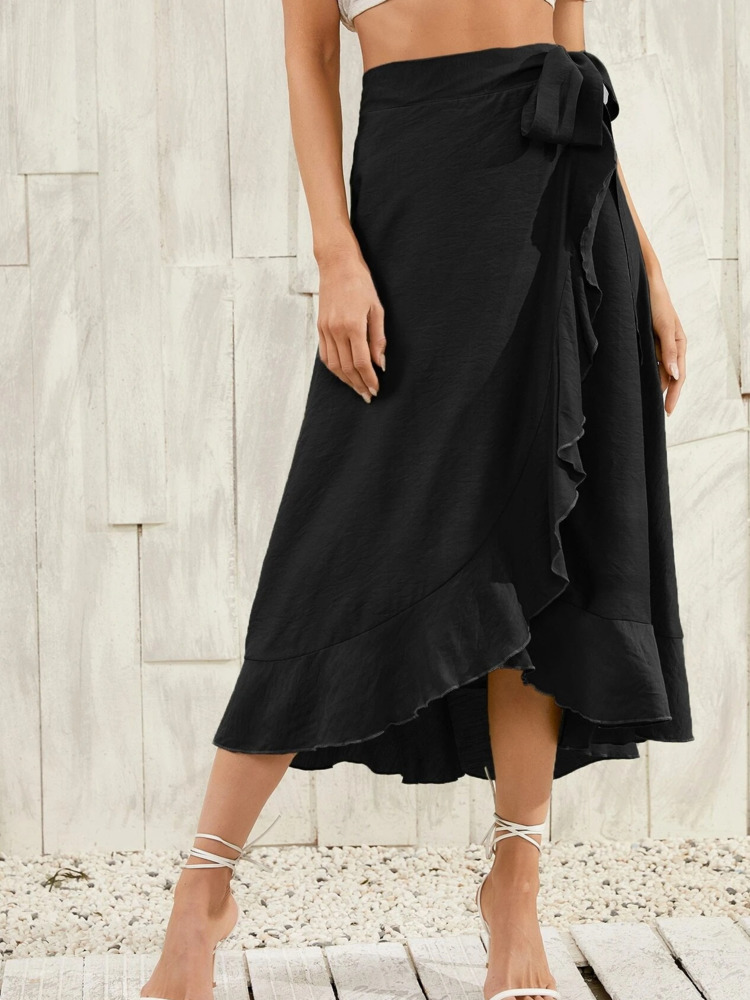 Longue jupe en mousseline de soie rose pour femmes, tenue d'été à lacets irréguliers, couleur unie, taille haute, moulante, noire, 2026