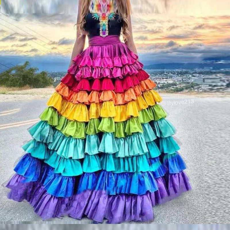 Jupes longues à plusieurs niveaux arc-en-ciel pour femmes, ligne A, jupe bouffante, longueur au sol, vêtements de cérémonie pour filles, robes de fête d'invitées de mariage