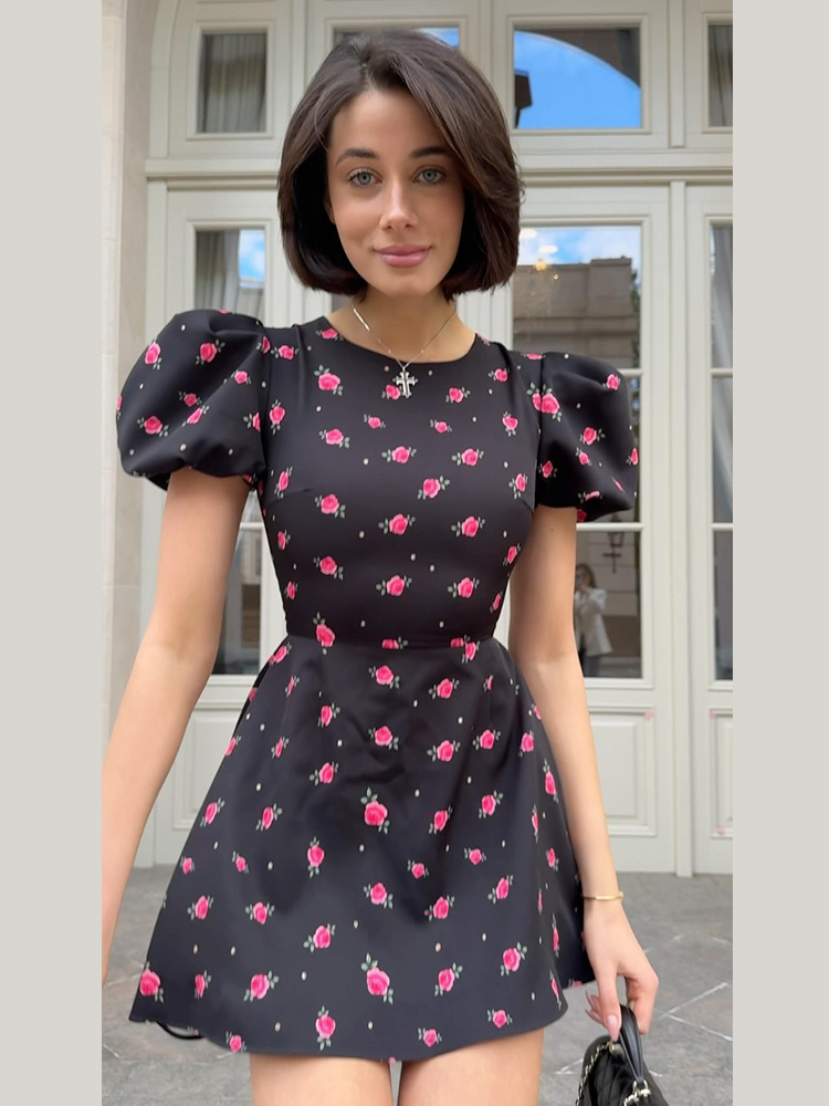 Robes à imprimé floral pour femmes, Streetwear sexy, Manches bouffantes, Col rond, A-ligne, Élégant, Mini, Éducatif, Femme, Slim Fit, Mode