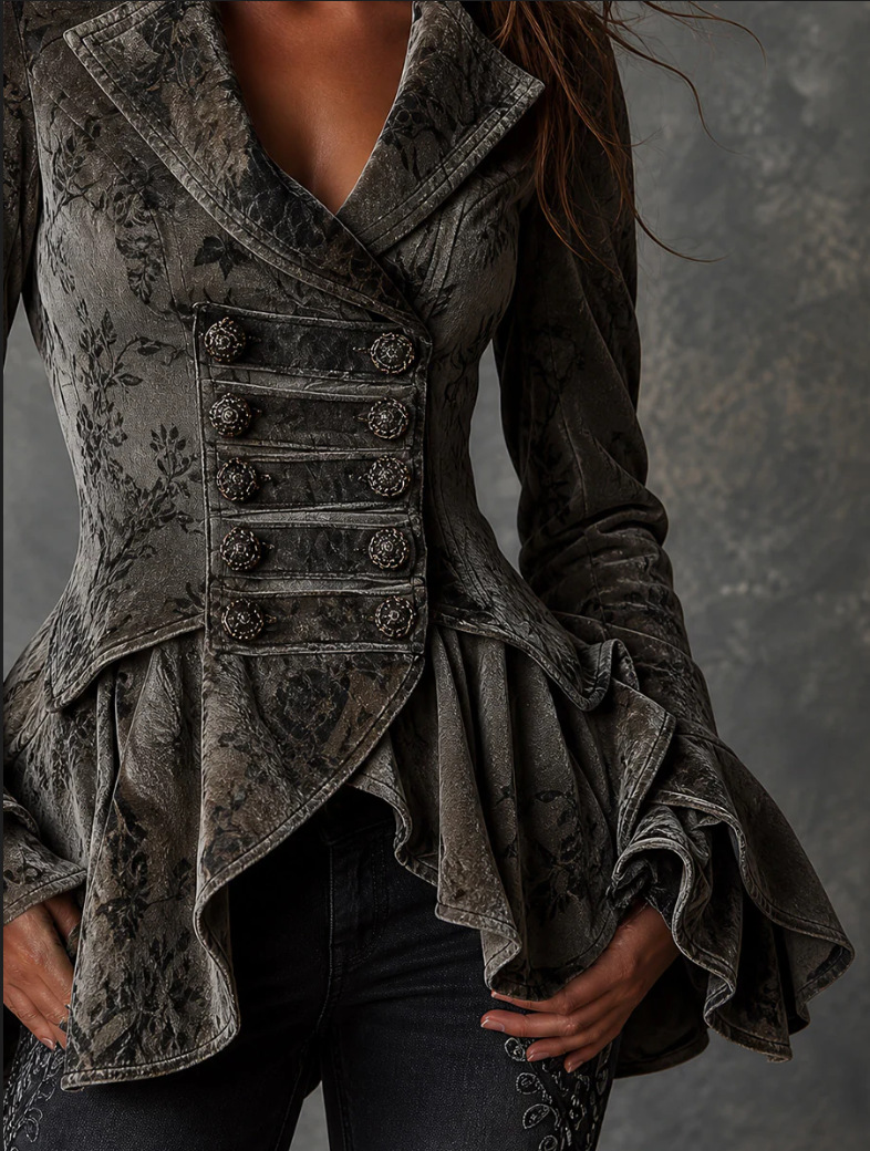 Veste en velours vintage pour femmes, imprimé floral, ourlet à volants, manteau peplum, manches évasées, double boutonnage, vêtement d'extérieur gothique, blazer de soirée et de rue.