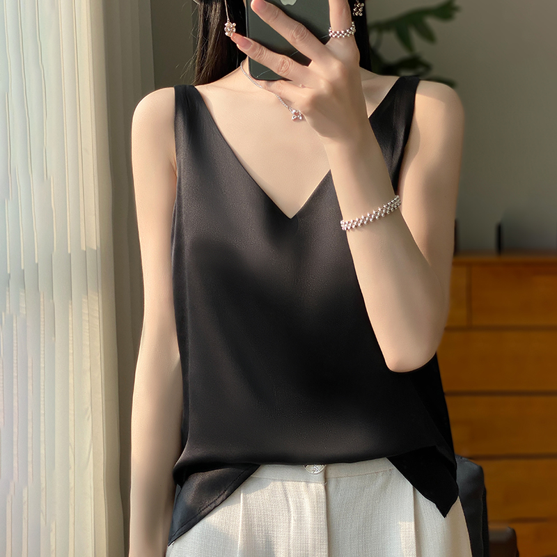Débardeur en Satin de soie pour femmes, basique, col en v, multicolore, blanc, noir, haut sans manches, bas Sexy, nouvelle collection été 2024