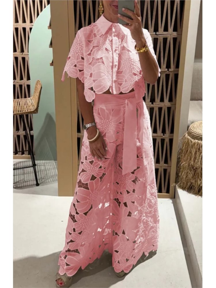 Ensembles élégants pour femmes, chemise creuse en dentelle, haut court + pantalon à jambes larges, ensemble deux pièces, costumes pour femmes, ensembles de couleur unie à la mode