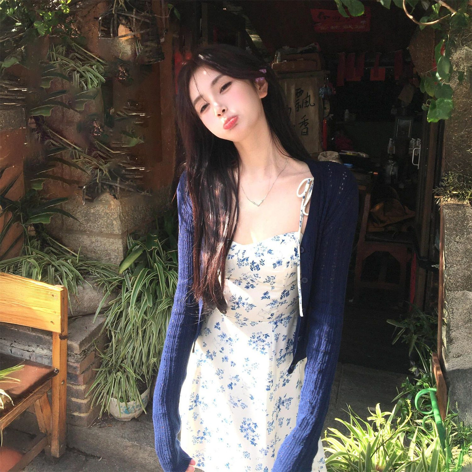 Robe à imprimé floral bleu, ensemble deux pièces pour femme, style français, cardigan doux, jupe élégante à taille haute, style A, pour le début de l'automne