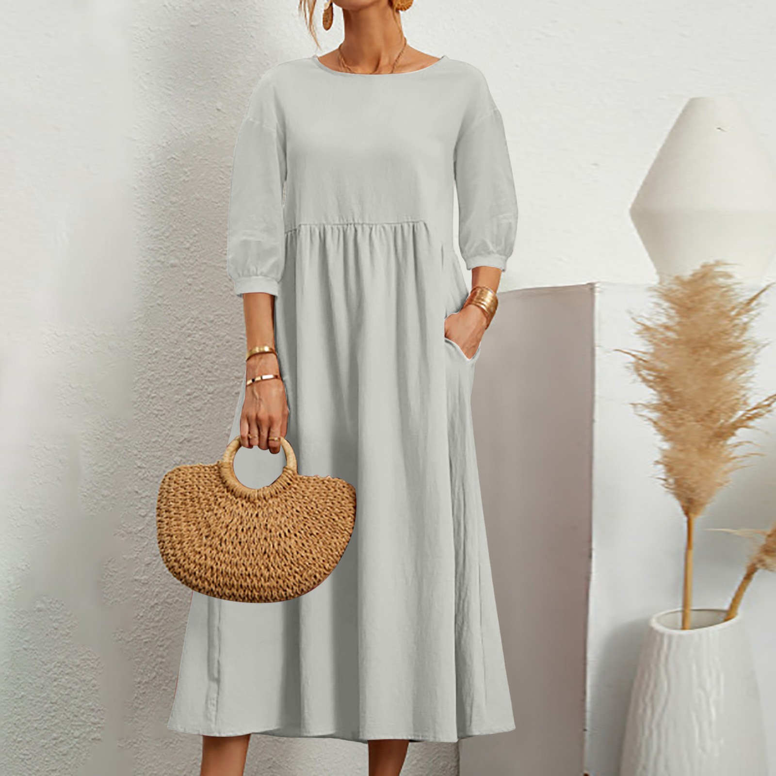 Femmes décontracté été robe en coton avec poches 3/4 manches ample Midi chemise robe femmes robes à manches courtes robes