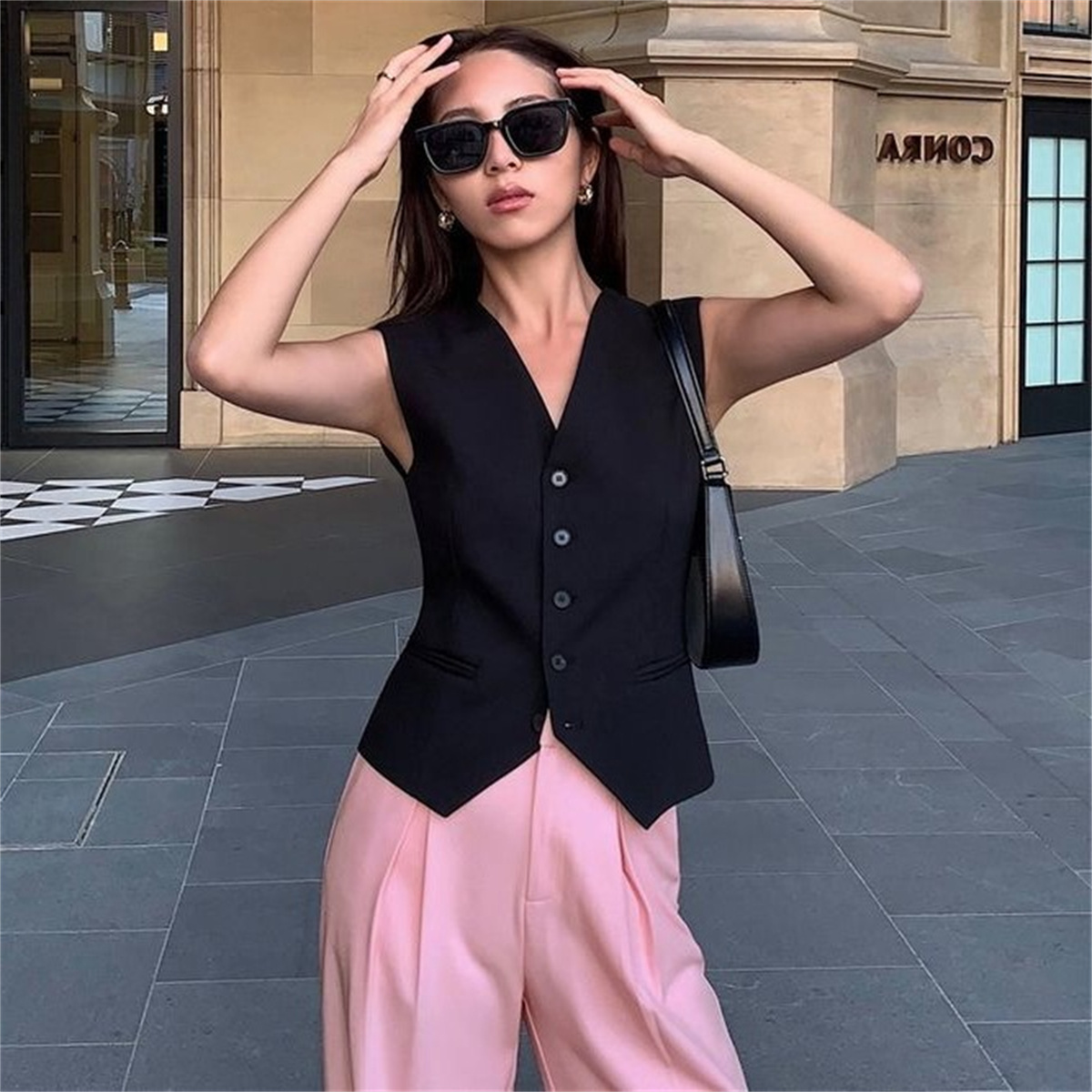 Femmes mode sans manches costume gilet solide simple boutonnage col en V hauts élégant bureau dame vêtements mince décontracté rue Cardigan