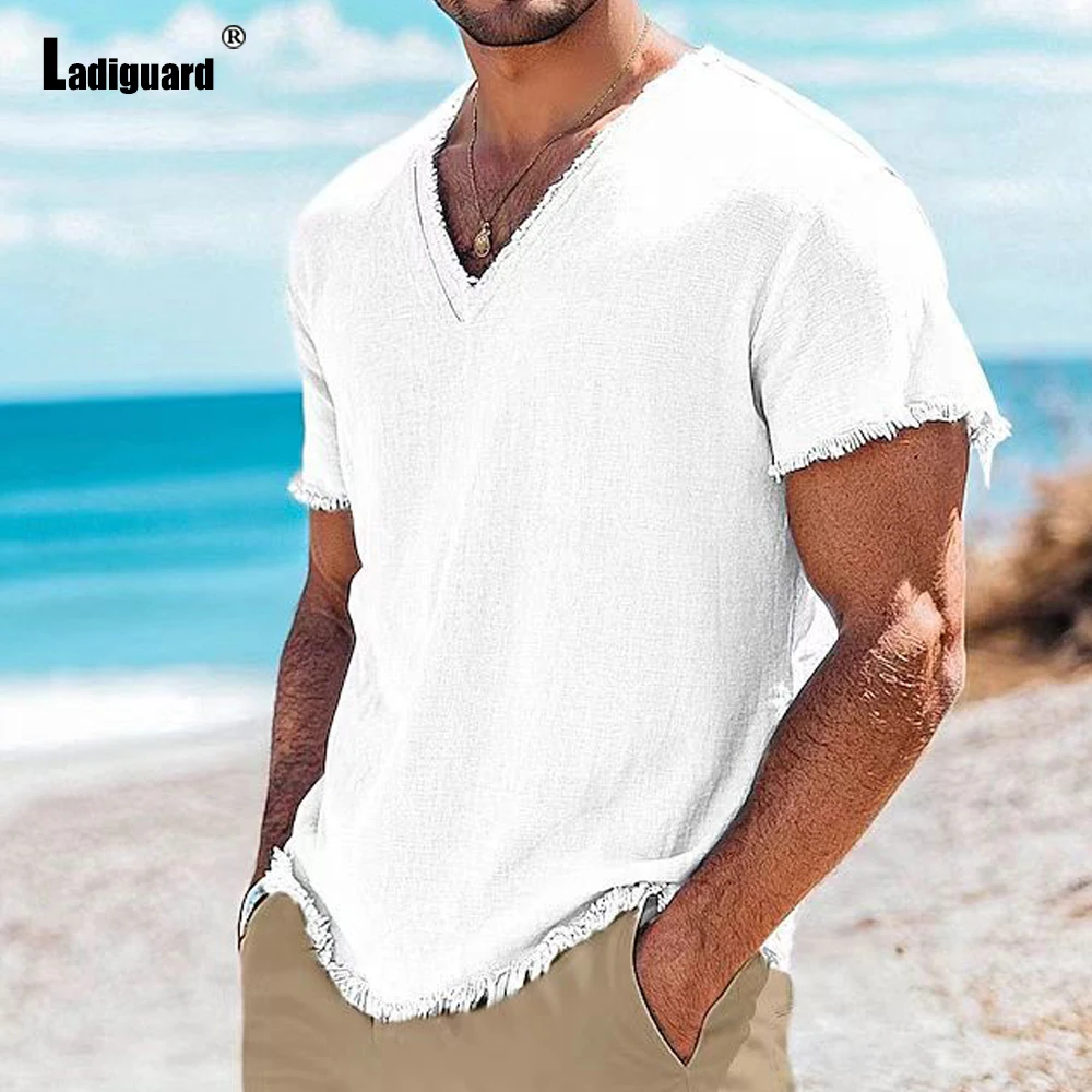 Chemises d'été rétro en coton et lin pour hommes, col en v, chemises de plage décontractées à manches courtes, hawaïennes, T-shirt personnalisé pour l'extérieur