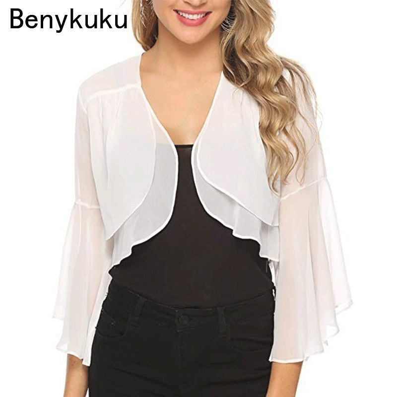 Cardigan en mousseline de soie pour femmes, veste de fête de mariage, robe de patients, couvertures, enveloppes, haut court, volants, manches évasées, châle, été