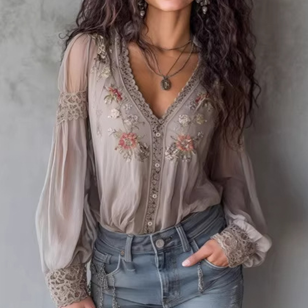 Chemisier Bohème Brodé Floral pour Femme, Col en V, Bordure en Dentelle, Mousseline Transparente, Manches Longues Bouffantes, Boutonné, Haut Décontracté