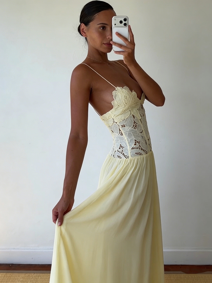 Robe longue élégante pour femme, style vintage, en dentelle et mousseline, pour soirée, mariage, cocktail, bal, nouvelle collection, rose, jaune, bleu