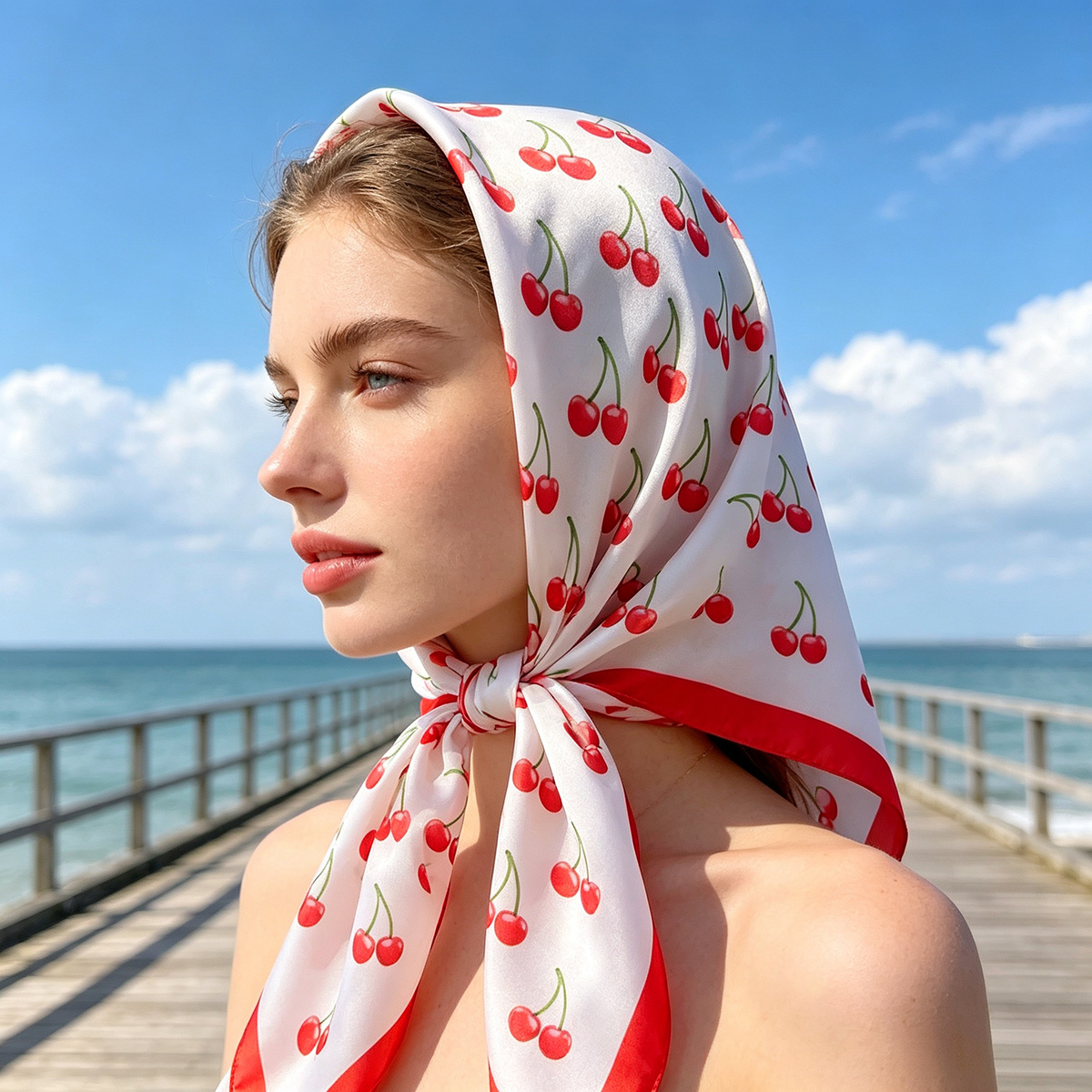 Écharpe carrée en satin de luxe 70x70cm, motif cerise mignon, châle pour femme, petit sac tendance, bandeau pour cheveux, bandana