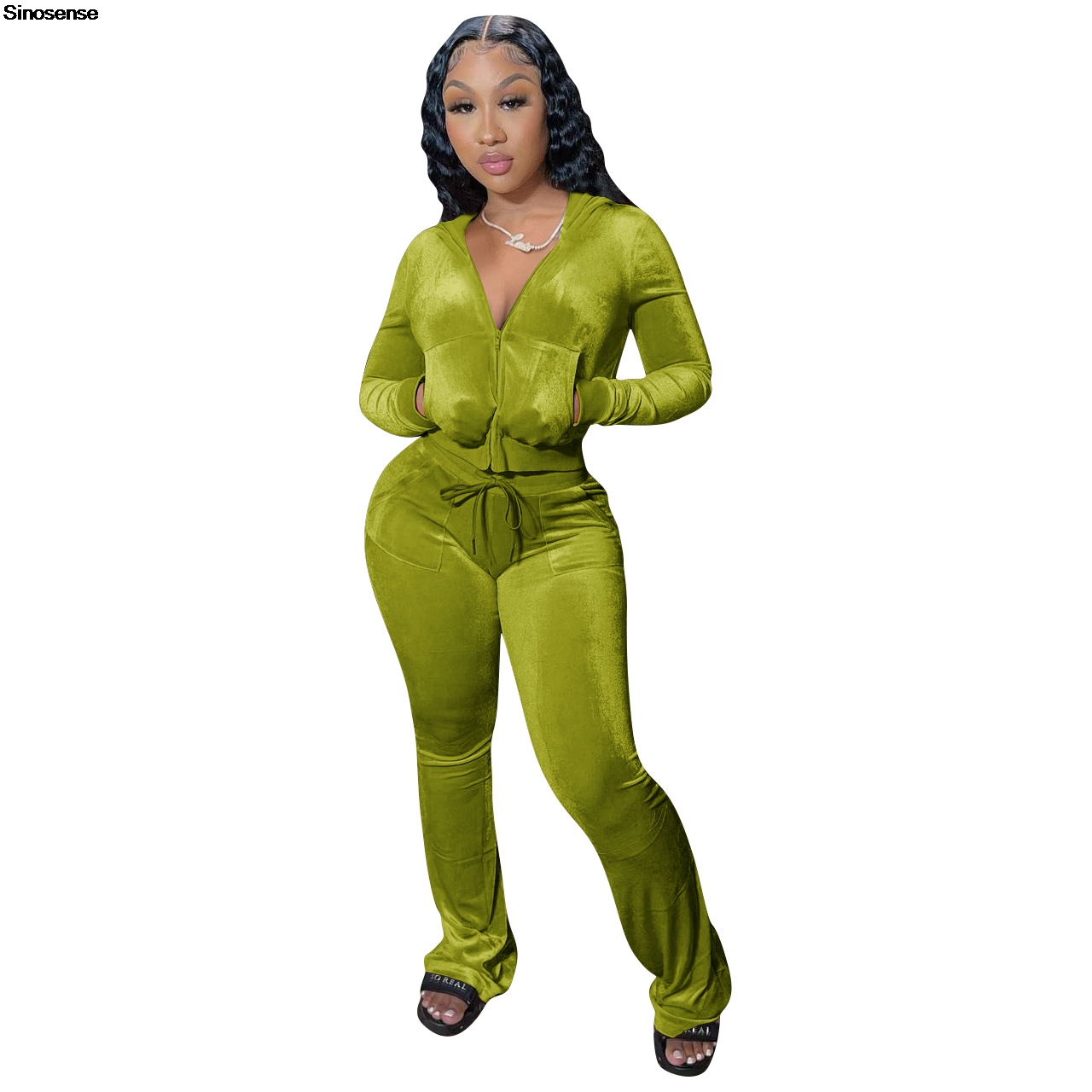 Femmes automne deux pièces tenues 2 pièces velours survêtement velours survêtements fermeture éclair à capuche veste moulante pantalon évasé ensembles de survêtement
