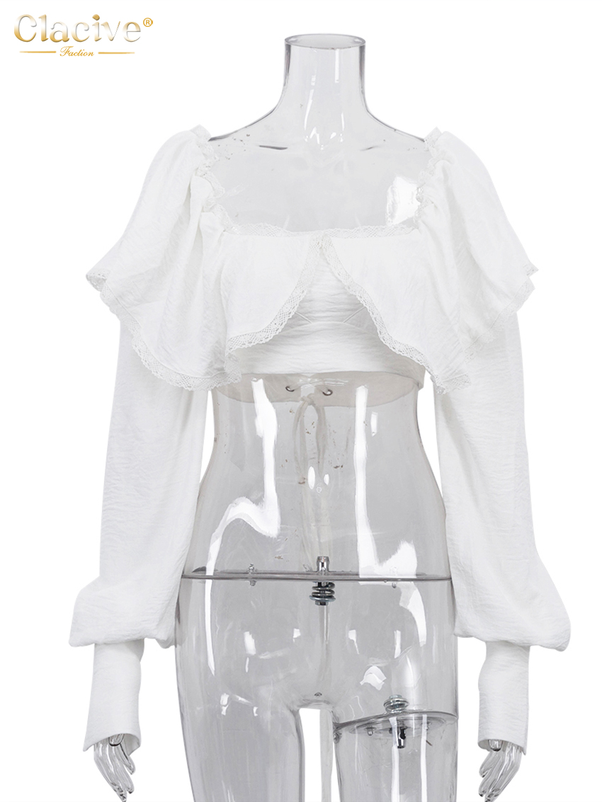 Clacive Sexy mince blanc femmes haut 2025 mode col carré à manches longues haut court élégant classique solide hauts vêtements féminins