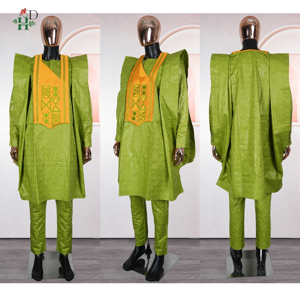 H & D vêtements africains pour hommes traditionnel Bazin Riche broderie Design haut à manches longues vert 3 pièces ensemble musulman Abayas Thobe 2026