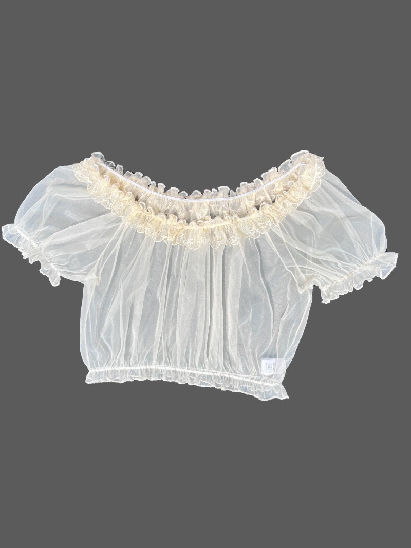 Chemisier transparent en dentelle et maille, haut court Lolita, manches courtes, léger, chemise Lolita douce pour femmes, épaules dénudées, à volants en dentelle, été