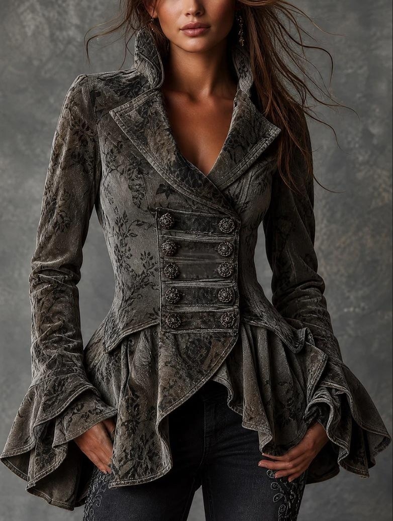 Veste en velours vintage pour femmes, imprimé floral, ourlet à volants, manteau peplum, manches évasées, double boutonnage, vêtement d'extérieur gothique, blazer de soirée et de rue.