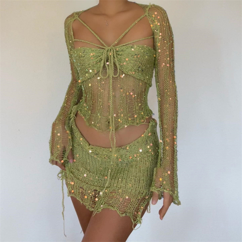 Robe de soirée Sexy en tricot à paillettes, ensemble jupe 3 pièces, tenues pour femmes, manches longues évasées, transparente, vêtements d'indice