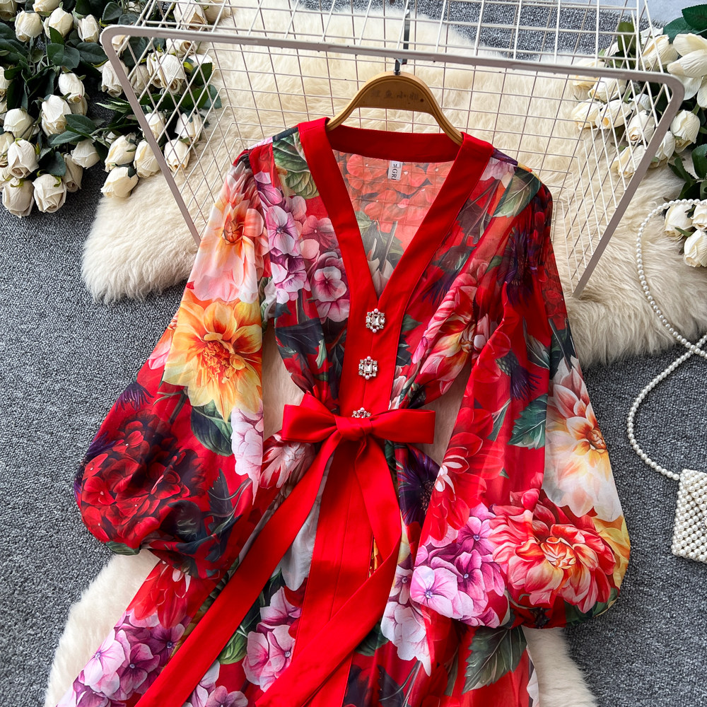 Robe longue élégante rétro à col en V et imprimé floral pour femme, manches bouffantes, taille cintrée à nouer, idéale pour les soirées et les fêtes, collection printemps-automne