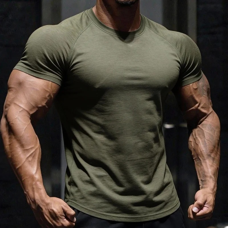 T-shirt de sport pour homme, confortable et respirant pour l'été, coupe ajustée, fitness, entraînement, décontracté, couleur unie