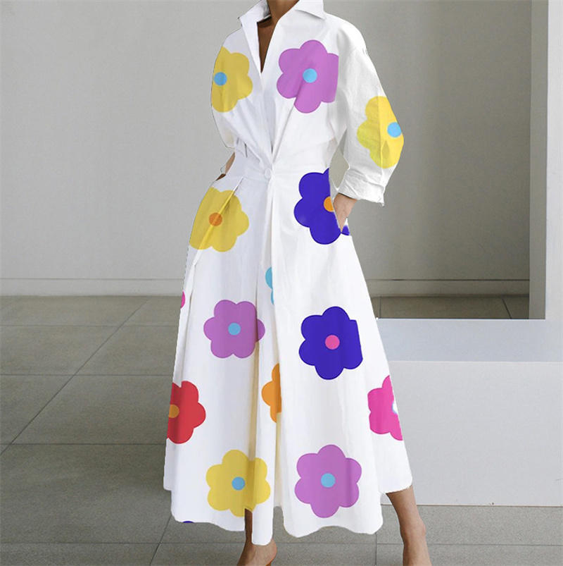 Robe grande taille pour femmes, été, élégante, revers, peinture à l'huile, boutons, chemise, décontractée, manches 3/4, robe de soirée