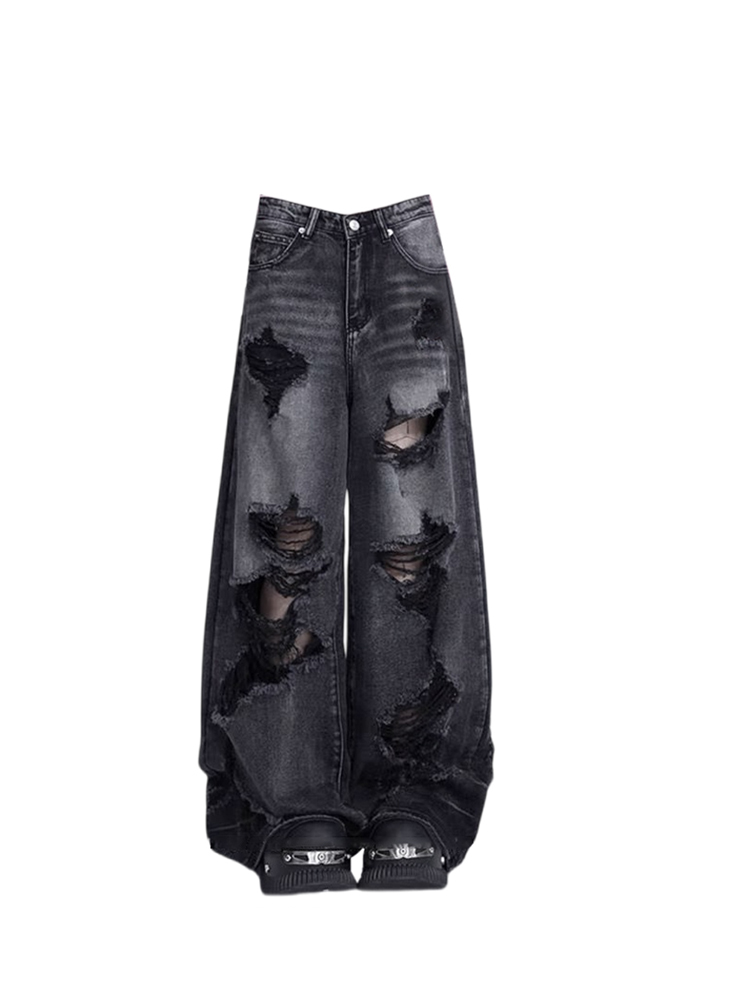Jean déchiré gothique noir pour femmes, pantalon de Cowboy Vintage, esthétique, Harajuku, Baggy, Denim, Y2k, surdimensionné, poubelle, vêtements Emo des années 2000