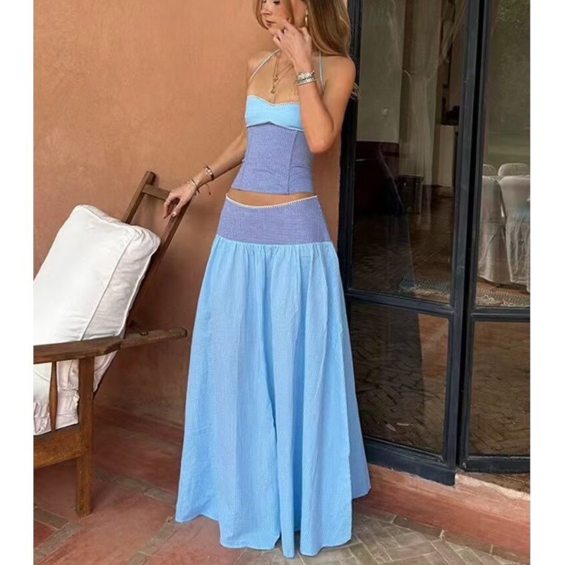 Ensemble jupe femme été rayé colorblock sexy dos nu hauts à lacets taille mi-haute jupe trapèze fermeture éclair latérale mode décontracté 2 pièces