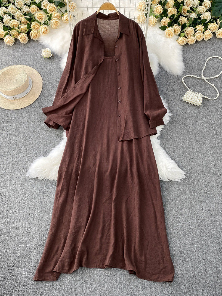 Femmes robe deux pièces ensemble printemps été ample extérieur mince à manches longues petit haut sans manches décontracté Camisole moulante robe tenues