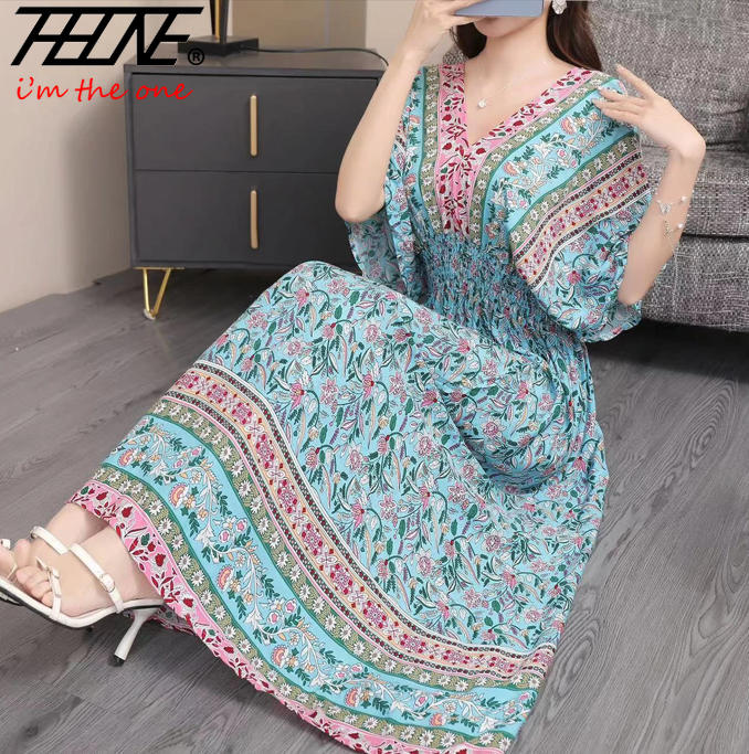 THBATHNE-Robe Indienne pour Femme, Tenue Éducative, Maxi, Longue, Décontractée, Plage, Coréenne, Florale, Coton, Lin, Été, Boho, Bohème