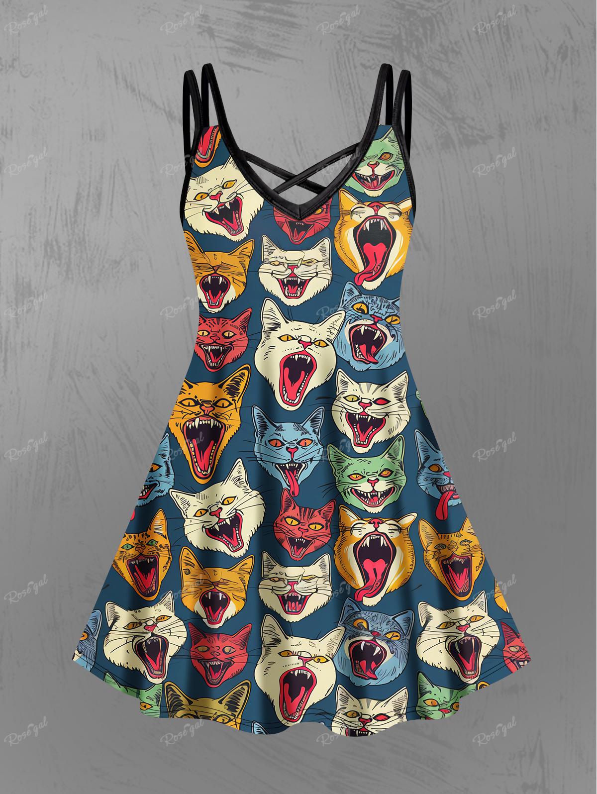 Robe Cami Femme à Bretelles Croisées Coupe Trapèze, Robe d'Été Hawaïenne Gothique Imprimée 3D Chats Colorés Vestidos