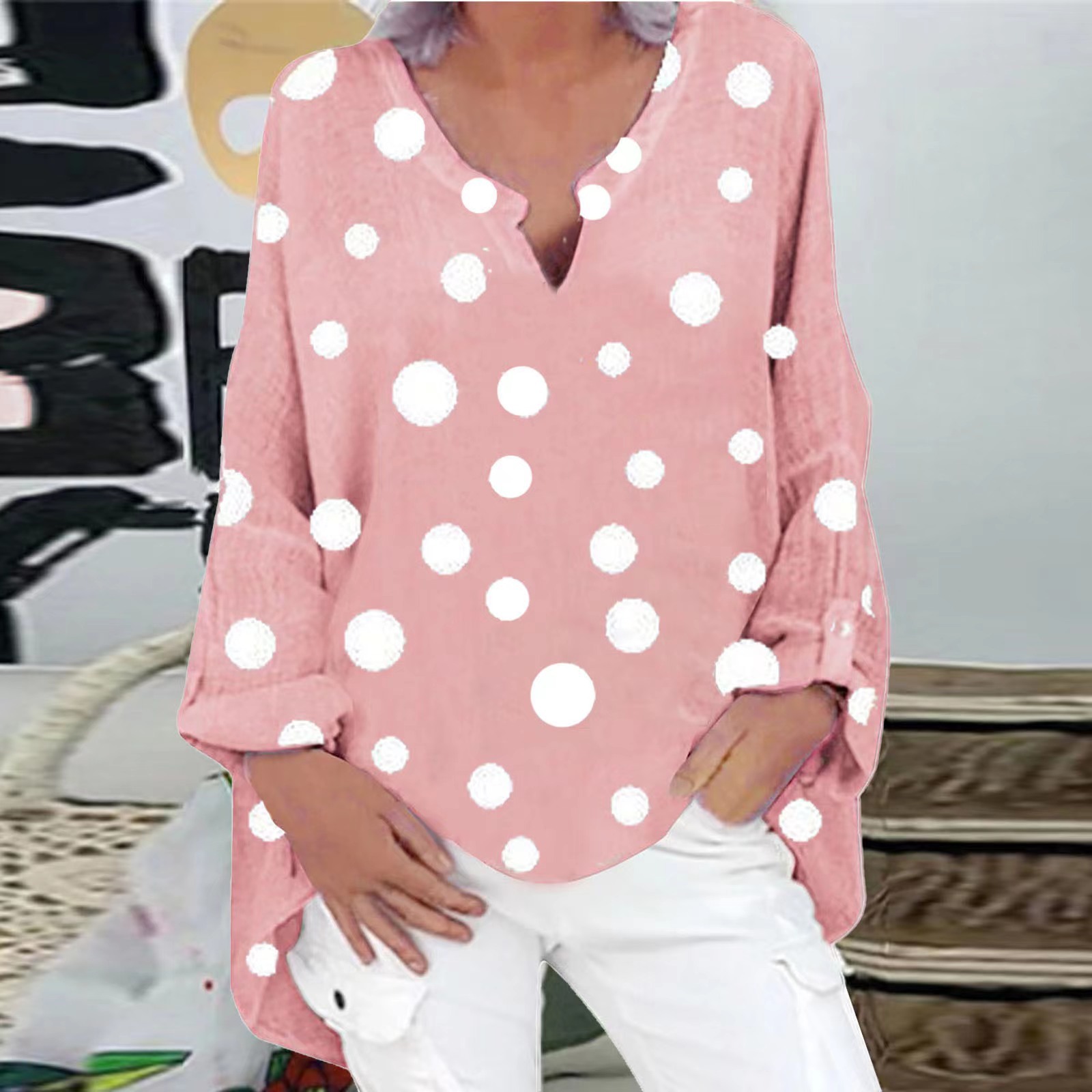 Chemisier femme 2026 décontracté d'été tendance à pois imprimé manches longues col en V ample vêtements pour femmes