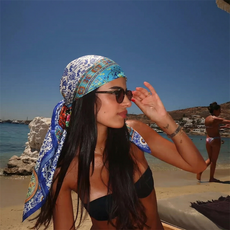 Foulard carré en satin de soie pour femme, 90x90cm, printemps-été, écharpe de plage, bandana, bandeau pour cheveux