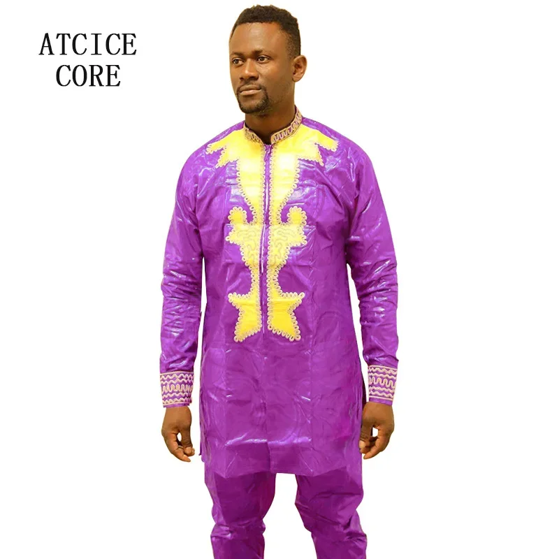 Robe africaine en bazin riche pour hommes et femmes, haut avec pantalon, motif de broderie