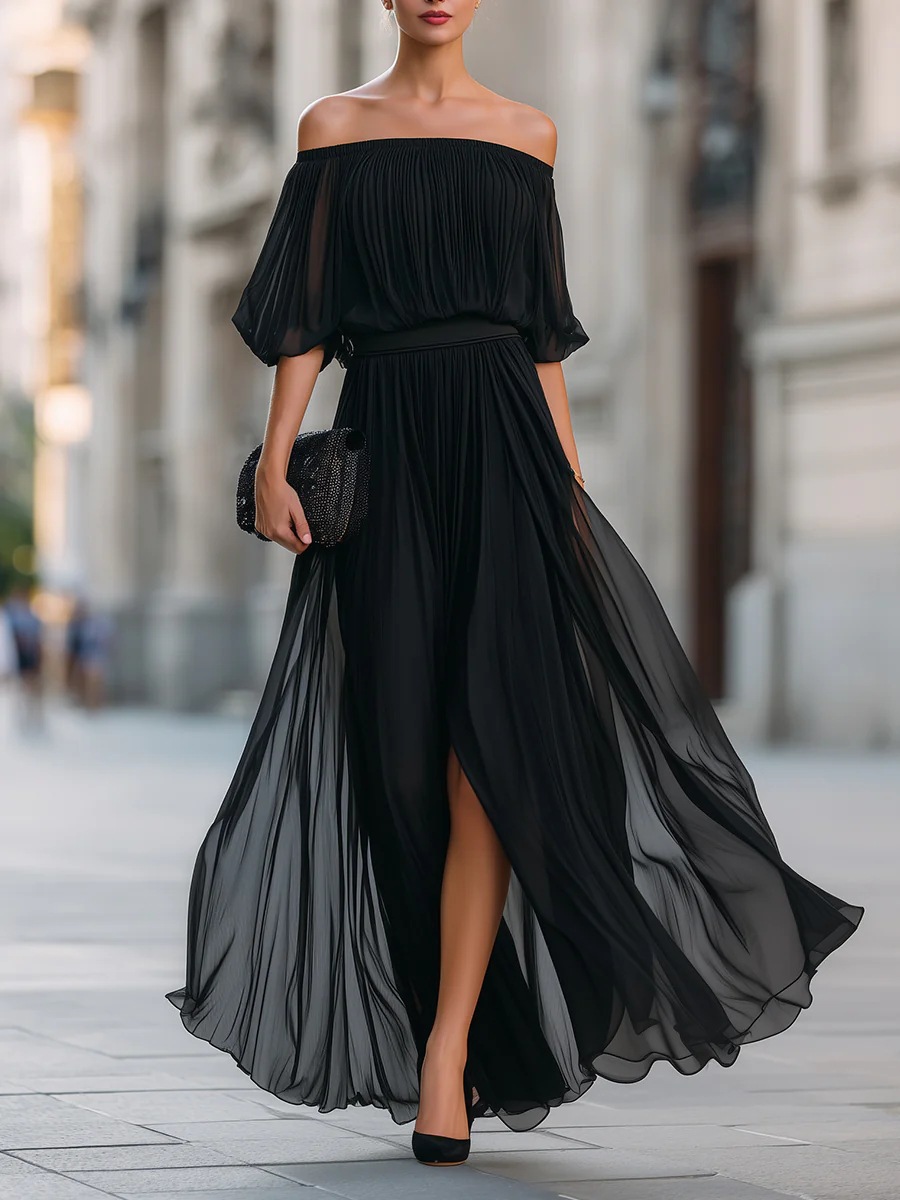 Robe longue élégante pour femme, en mousseline, épaules dénudées, sexy, froncée, avec fente, jupe fluide, pour soirée et fête