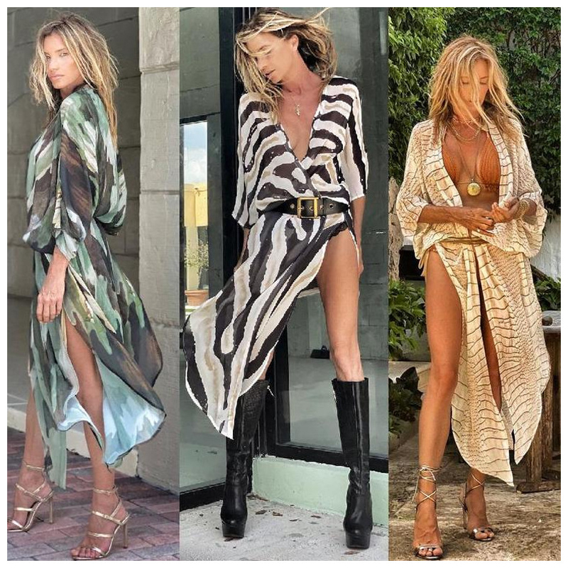 BIKINI – robe de plage longue et élégante pour femmes, teinture par nouage, ouvert sur le devant, tenues de plage, costume de bain