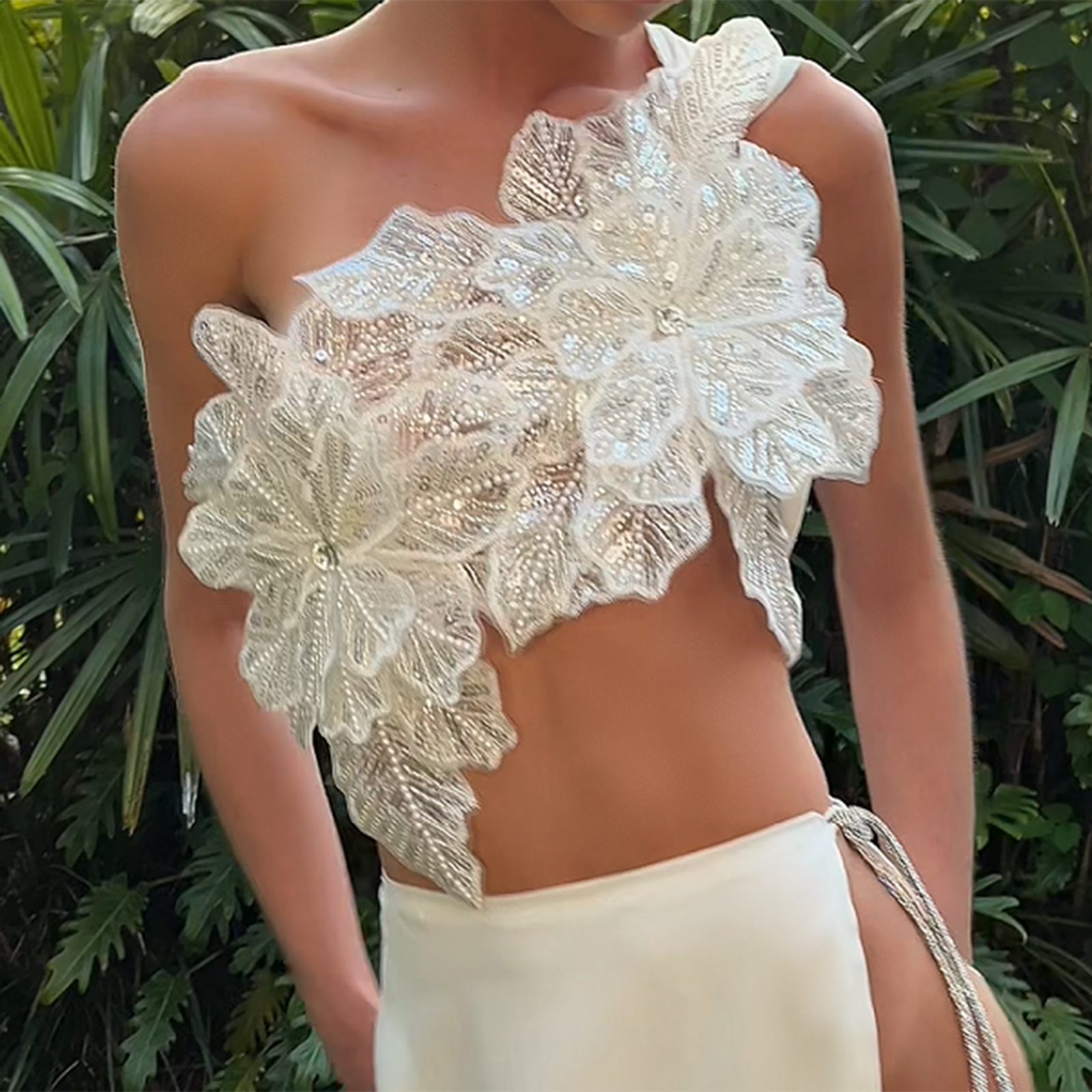 Débardeur Chic à col incliné pour femmes, Sexy, plage, vacances, y2k, paillettes, fleurs, lacets, haut court, Camisole de vacances, été