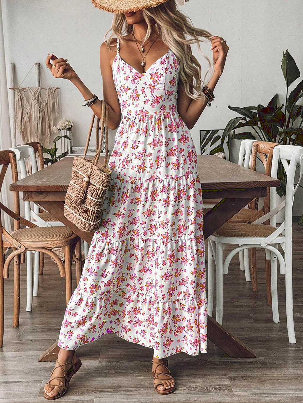 Robe longue d'été pour femme, bleue à motifs floraux, à fines bretelles, avec nœud à nouer au dos, à volants étagés, style bohème, pour la plage et les vacances décontractées